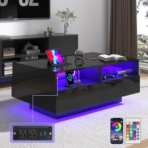 Modern high gloss coffee table with LED lighting, featuring four sliding storage drawers and 20 color options, designed for contemporary living rooms