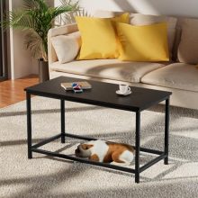 SAYGOER small black coffee table with a minimalist design, featuring a pure black wood tabletop and a sturdy black metal frame, ideal for small spaces and modern decor.