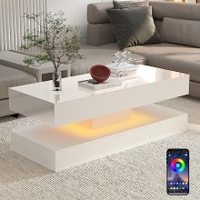 Uspeedy 47.3-inch high glossy LED coffee table in white, featuring smart app-controlled RGB lighting