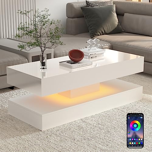 Uspeedy 47.3-inch high glossy LED coffee table in white, featuring smart app-controlled RGB lighting