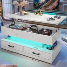 40-inch white marble lift-top coffee table with storage compartments, fabric drawers, and LED lighting, perfect for modern living rooms and small spaces.