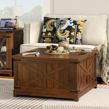 Farmhouse coffee table with lift-top and hidden storage in rustic brown, showcasing a large wooden square center table with a classic fence and "X" design, ideal for living rooms.