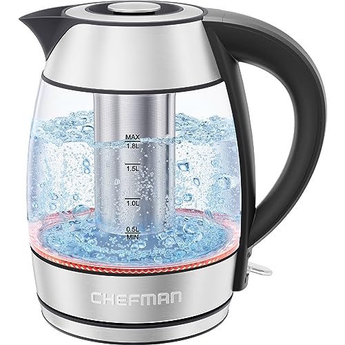 Chefman 1.8L Electric Glass Kettle with tea infuser, featuring a stainless steel base, LED indicators, and a cordless design