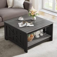 Rustic Grey and Black Farmhouse Coffee Table with Storage for Living Room, 2-Tier Square Design