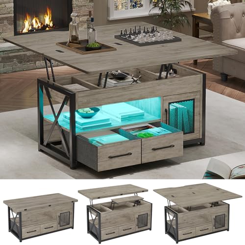 Grey 40-inch lift top coffee table with LED light, showcasing its multiple storage compartments and fabric drawers, set in a modern living room. 