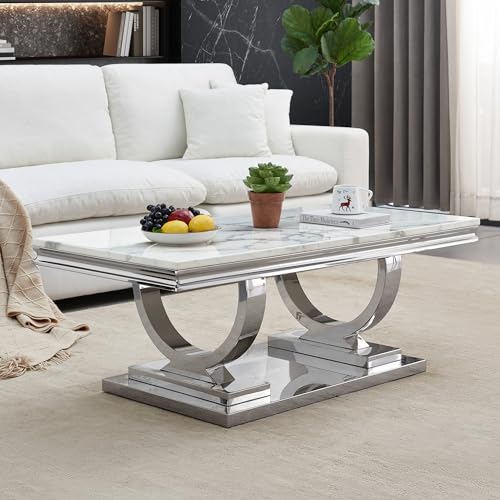 SSLine Modern Rectangular Faux Marble Coffee Table with Silver Mirrored Base – Luxury Center Table for Living Rooms