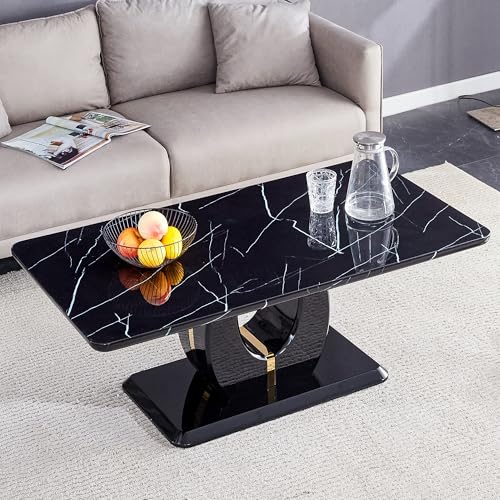 LKTART Black Marble Coffee Table with Faux Marble Top and Sturdy Base, 47.24-inch Rectangular Center Table for Modern Living Rooms