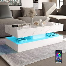 Modern white coffee table with high gloss finish, marbling print, 20-color LED lights, and two storage drawers, perfect for living rooms.