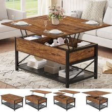 Rustic brown lift-top coffee table with hidden storage compartments and open shelves, featuring a high-quality metal gas lift mechanism, ideal for living and dining rooms.