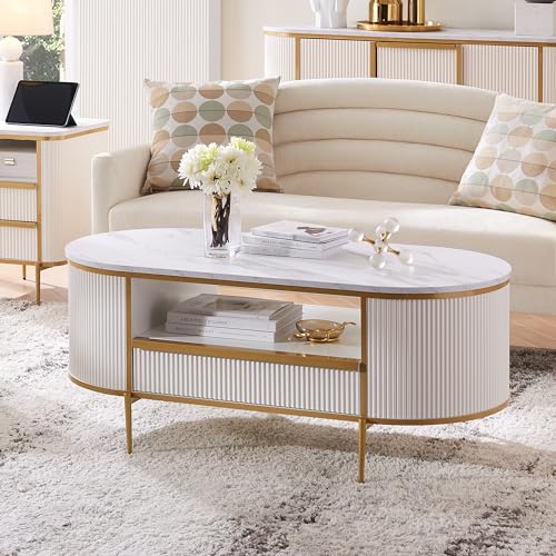 Elegant OKD Modern Luxury Fluted Coffee Table featuring a white faux marble top and gold metal legs, designed with a unique curved profile and hidden drawer for a luxurious living room upgrade