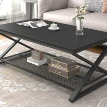 Modern Black Coffee Table with 2-Tier Design and Storage Shelf – 47 Inch Wood & Metal Center Table for Living Room, Office, and Bedroom