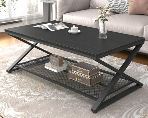 Modern Black Coffee Table with 2-Tier Design and Storage Shelf – 47 Inch Wood & Metal Center Table for Living Room, Office, and Bedroom