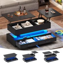 40-inch black lift top coffee table with LED lights, featuring two fabric drawers, hidden storage compartments, and a modern design for living rooms.