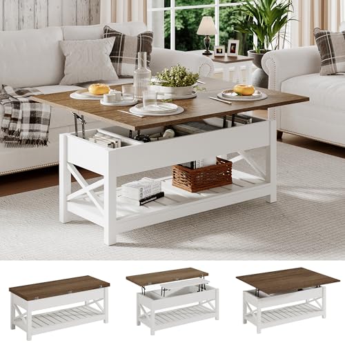 Farmhouse Lift-Top Coffee Table with Storage and Convertible Function - White and Brown Wooden Center Table for Living Room