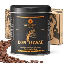 Bag of Cafés Granell Wild Civet Arabica Coffee Beans, 100g, featuring a medium roast and luxurious hazelnut flavor, vacuum-sealed for freshness, and ethically sourced from wild civets in Indonesia