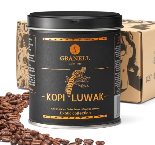 Bag of Cafés Granell Wild Civet Arabica Coffee Beans, 100g, featuring a medium roast and luxurious hazelnut flavor, vacuum-sealed for freshness, and ethically sourced from wild civets in Indonesia