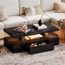 Modern black coffee table with adjustable LED lighting and high-gloss finish. Features include a large storage drawer and glass shelves, perfect for living rooms or bedrooms.