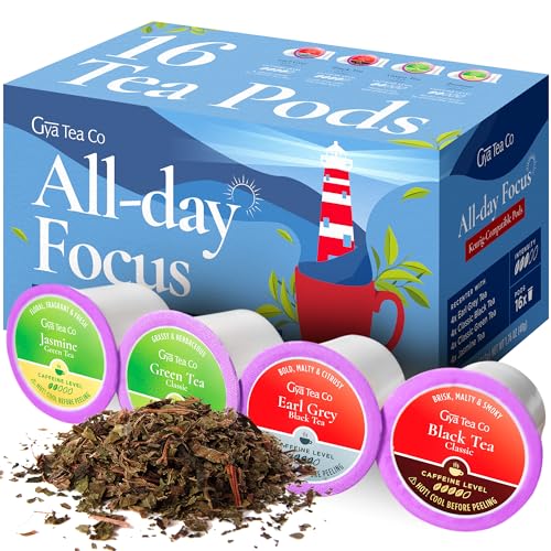 Variety pack of Gya Tea Co All Day Focus Tea Pods featuring Earl Grey, Black, Green, and Jasmine flavors, compatible with Keurig machines.