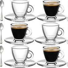 Set of 6 clear glass espresso cups with saucers and stainless steel spoons – 3.2 oz capacity, perfect for espresso and small coffees