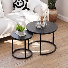 Smuxee Black Nesting Coffee Table Set featuring a wood grain top and matte black metal frame. Includes two tables with adjustable non-slip feet, ideal for living rooms, bedrooms, or outdoor spaces