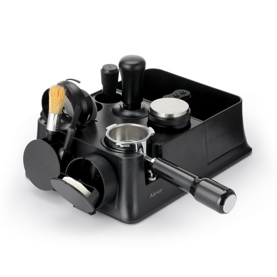 Aieve 14-in-1 Espresso Knock Box and Coffee Organizer with compartments for espresso tamper, portafilter, distributor, and other coffee accessories, shown on a sleek kitchen countertop.