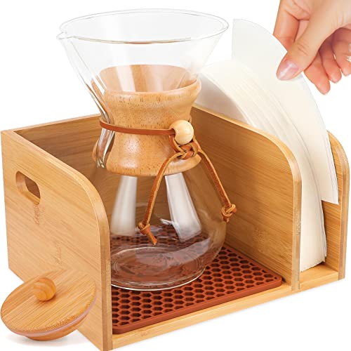 Bamboo caddy with lid and heatproof trivets mat for Chemex and Bodum coffee makers on a kitchen countertop