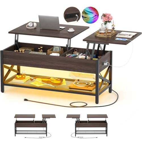 Modern Lift-Top Coffee Table with LED Lights, Power Outlets, and Storage – Espresso Center Table for Living Room