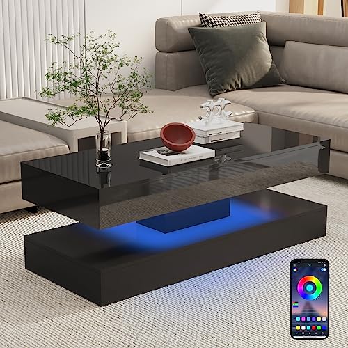 Modern black coffee table with high-gloss finish and LED lighting. Features smart APP-controlled RGB lights, large storage space, and sleek design, perfect for contemporary living rooms.