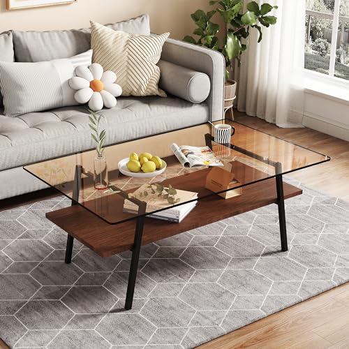 IANIYA Glass Coffee Table with Brown Wood Shelves and Gold Frame - Mid-Century Modern Design for Living Room and Office