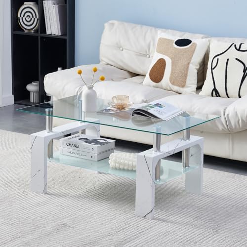 Modern Rectangle Coffee Table with White Marble Finish and Glass Top – Features Wooden Legs and Lower Shelf for Living Rooms or Waiting Areas