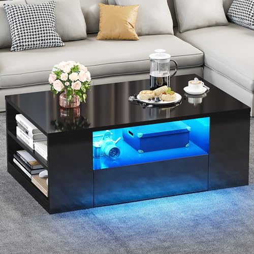 Modern coffee table with high gloss finish, featuring LED light strips with 29 modes, two sliding drawers, and an open side shelf in black, designed for living rooms