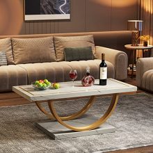 Modern White and Gold Coffee Table with Faux Marble Top – Elegant Rectangle Centerpiece for Living Room