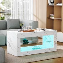 Modern High Gloss Marble Coffee Table with LED Lights and Glass Storage in White - Stylish and Functional Living Room Centerpiece