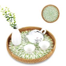 11.81 Inch Hand-Woven Rattan Round Serving Tray with Mother of Pearl Inlay – Decorative Tray for Coffee Table, Home Decor, and More