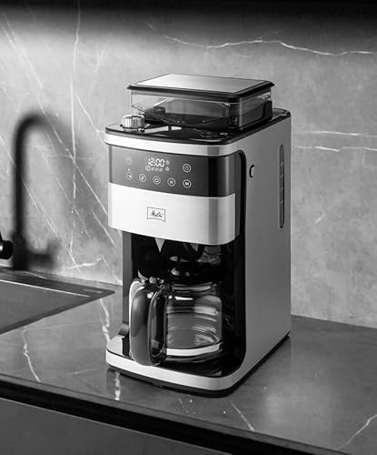 Melitta® Aroma Fresh™ Plus 10-Cup Programmable Coffee Maker with built-in grinder, large bean hopper, removable water tank, and sleek brushed stainless steel design