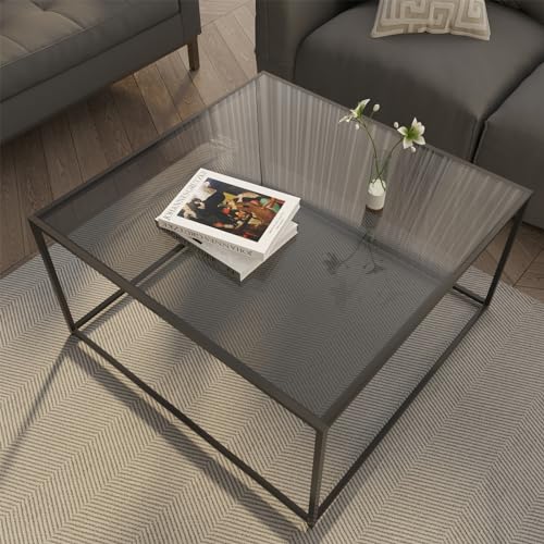 Stylish square glass coffee table with tempered glass top and metal frame, perfect for modern living rooms or small spaces.