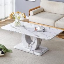 47-Inch White Faux Marble Coffee Table with elegant marble-look surface, sturdy MDF base, and polished edges, perfect for living rooms, offices, and versatile use.