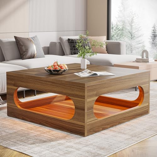 43-Inch Square Coffee Table with Adjustable LED Lights and 2-Tier Storage – Modern Wood Center Table for Living Room 