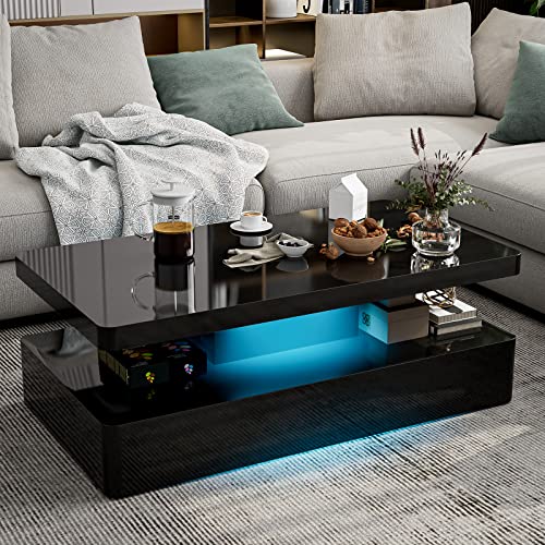 Modern black coffee table with high gloss finish and integrated LED lights, featuring 16 colors and 2 tiers of storage.