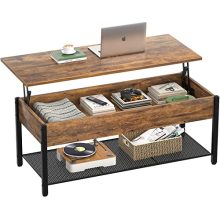 Rustic lift top coffee table with hidden storage and metal frame, featuring a wood tabletop and adjustable height for use as a desk or dining table, perfect for living rooms and small spaces.