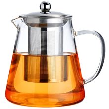 Clear glass teapot with removable stainless steel infuser, featuring a compact 18.6 OZ design, stovetop safe and ergonomic pouring spout, perfect for brewing loose leaf and blooming teas.