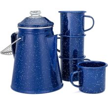 COLETTI Classic Percolator Coffee Pot & Enamel Mug Set, including a durable blue camping coffee pot and four 12 oz enamel mugs, ideal for outdoor adventures and camping