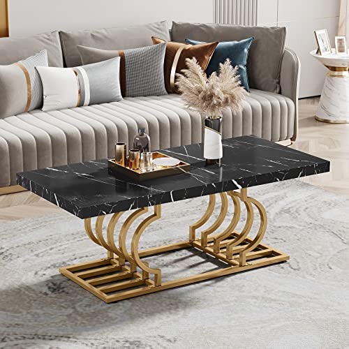 Tribesigns Modern Coffee Table with Faux Marble Top and Geometric Gold Frame, 47 Inch Rectangular Center Table for Living Room