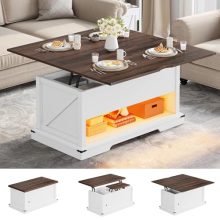 White and Brown YITAHOME Lift Top Coffee Table with LED Lights and Hidden Storage – Transforming Wood Table for Living Room and Dining Room