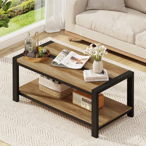 Rustic industrial coffee table with a vintage oak wood finish and a sturdy metal frame, featuring two-tier shelving for added storage, ideal for living rooms and modern decor.