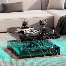 Modern Black Marble Effect LED Coffee Table with 2-Tier Storage and Golden Metal Legs – Perfect for Living Room, Office, and Bedroom