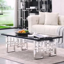 Modern 50-inch coffee table with a sleek black marble top and a geometric silver stainless steel base, perfect for contemporary living rooms or family rooms