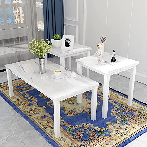 3-Piece White Marble-Look Coffee Table and End Tables Set with Black Metal Legs in a Modern Living Room