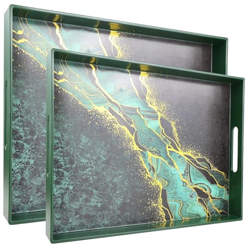 Set of 2 SforGUVA Green Marble Decorative Plastic Serving Trays with Handles – Large 15.7” x 11.8” and Small 13.7” x 9.8” for Coffee Table, Kitchen, and Outdoor Use