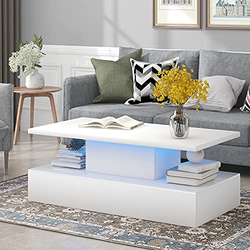 High Glossy White LED Coffee Table with Remote Control and Modern Design for Living Rooms